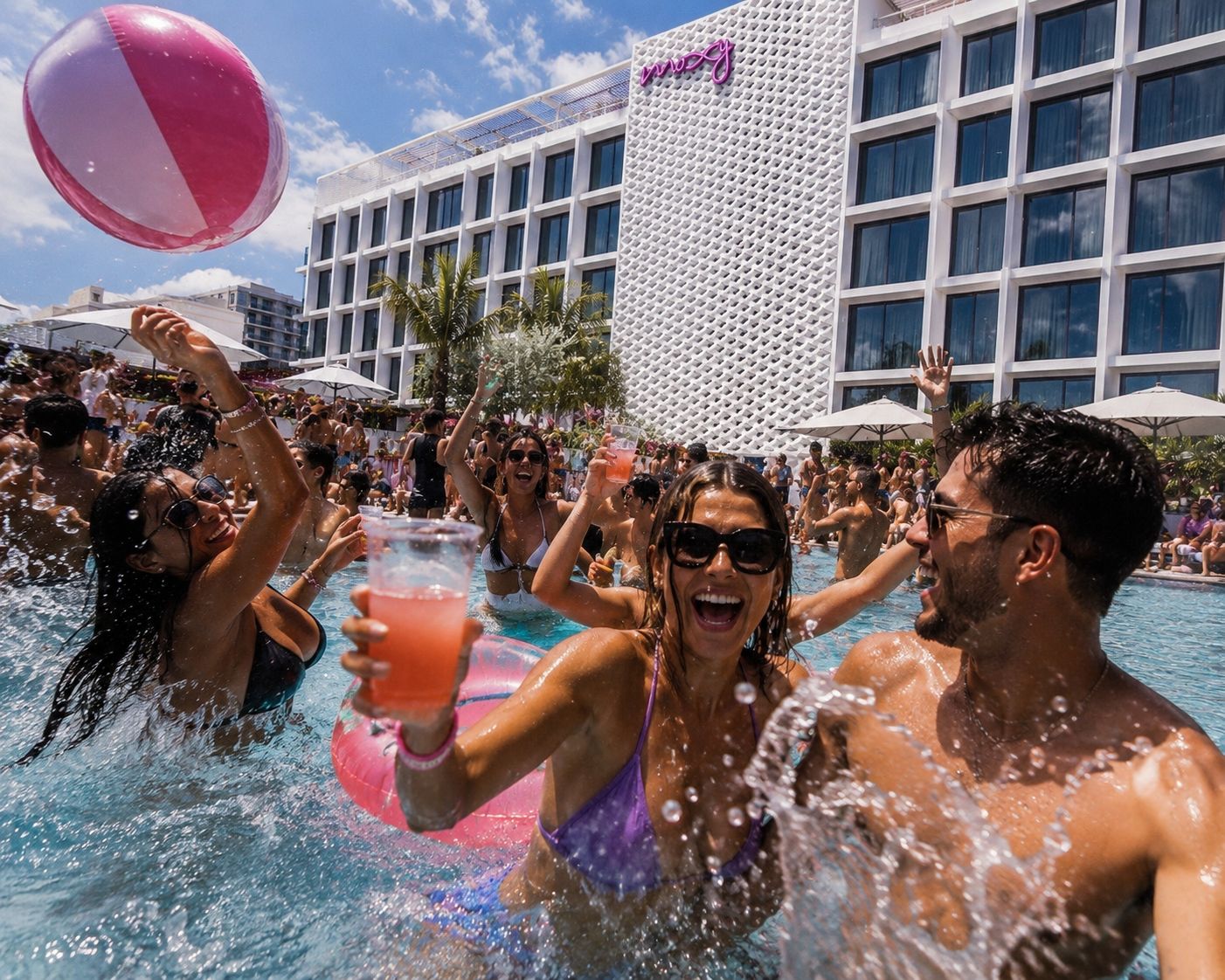 Moxy Pool Party Miami — Pool Party Miami crowd splashing at Moxy Miami South Beach