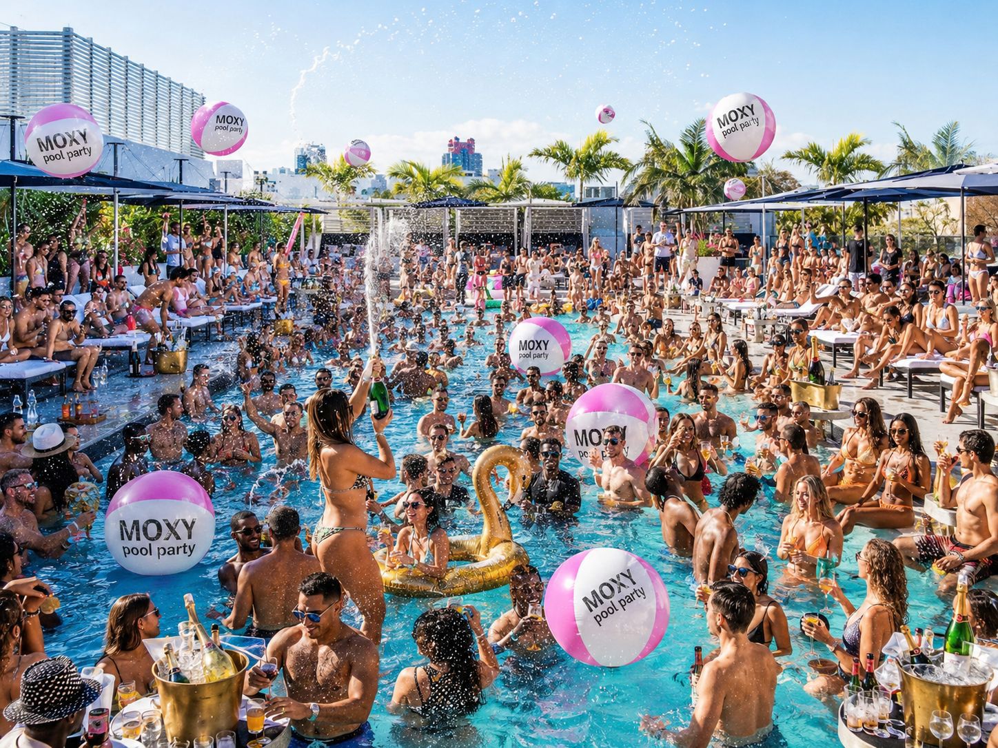 Pool party Miami at Moxy Miami South Beach with crowd and MOXY pool party beach balls